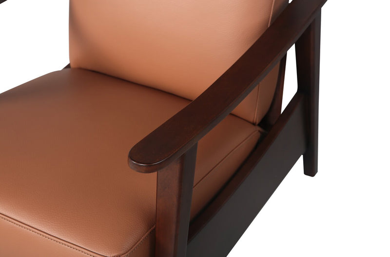 Aydin 27.5\" Genuine Leather Pushback Reclining Accent Chair with Wood Armrests and Legs - Camel Orange