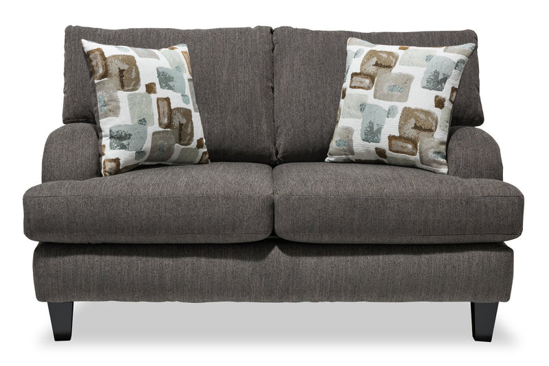 Made in Canada Nofia 58\" Chenille Fabric Loveseat with Two Accent Pillows and Wood Legs - Charcoal Grey
