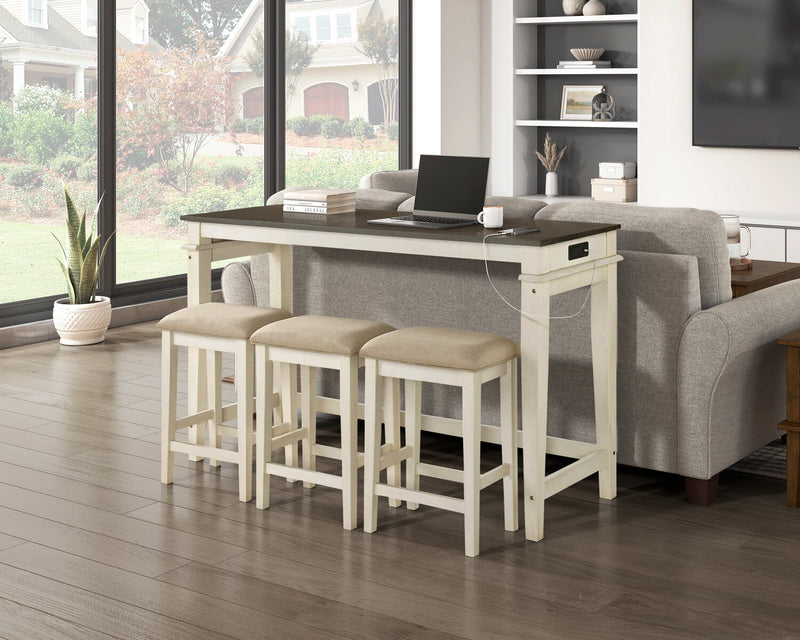Nyles 60\" Contemporary Console Table with 3 Counter-Height Stools and USB Ports- Buttermilk