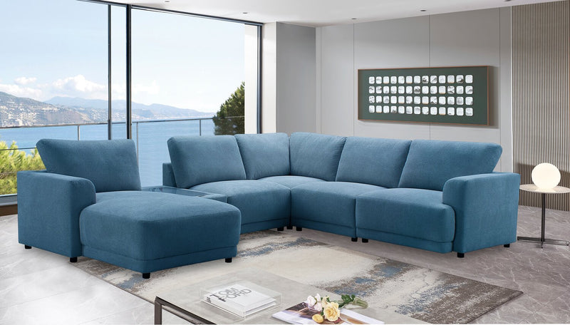 Voyage Modular 6-Piece Left-Facing Fabric Sectional with Console and Removable Back Cushions – Blue