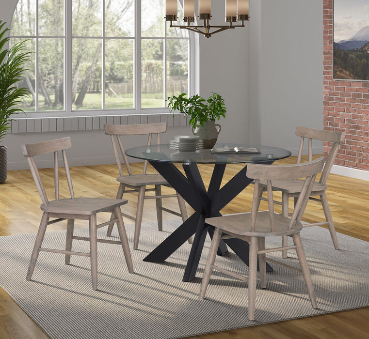 Remi 5pc Dining Set with Table & 4 Slat-Back Chairs, Glass & Wood, 42\"W Round- Black & Brown