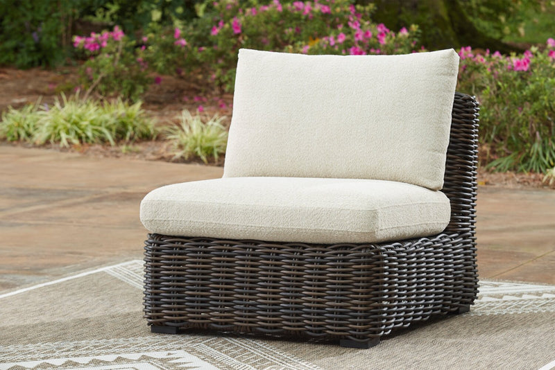 Halifax Outdoor Patio Armless Chair - Resin Wicker, Nuvella Fabric, UV & Weather Resistant - Beige/Brown