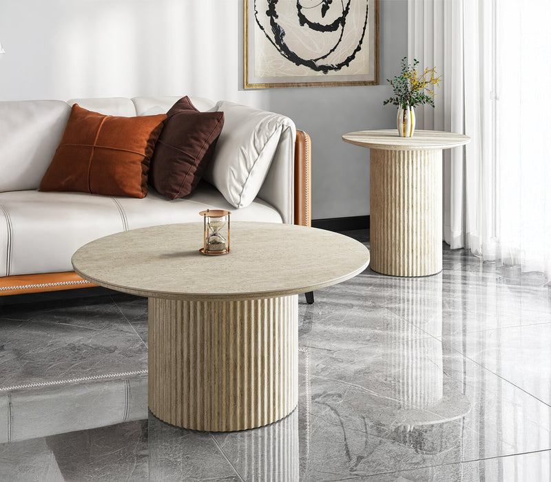 Sullivan 23.6\" Round End Table with Sintered Stone Top - Beige Travertine