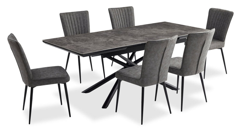 Tavo 7pc Dining Set with Table & Chairs, 63-79\"W Extension, Metal - Grey & Black