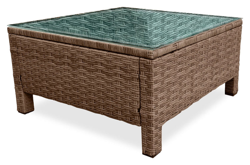 Miami 3-Piece Outdoor Patio Conversation Set with Sofa, Ottoman & Glass Top Coffee Table - Hand-Woven Resin Wicker, UV & Weather Resistant - Brown/Taupe