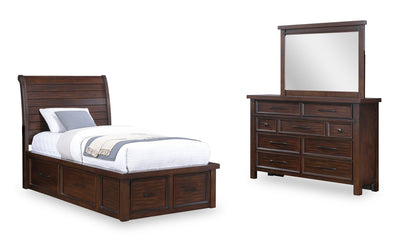 Sonoma 5pc Bedroom Set with Two-Sided Storage Bed, Dresser & Mirror, Mango Brown - Twin Size | Ensemble de chambre à coucher Sonoma 5 pièces avec lit de rangement des 2 côtés, commode et miroir, brun manguier - format lit simple