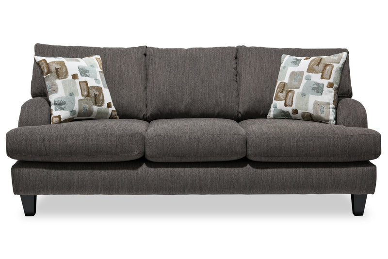 Made in Canada Nofia 80\" Chenille Fabric Sofa with Two Accent Pillows and Wood Legs - Charcoal Grey