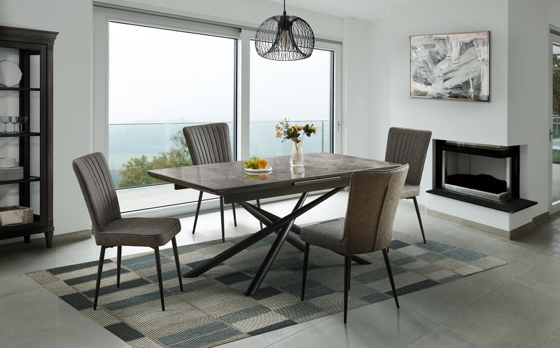Tavo Dining Table with 63-79\"W Extension, Metal, Pedestal Base - Grey & Black