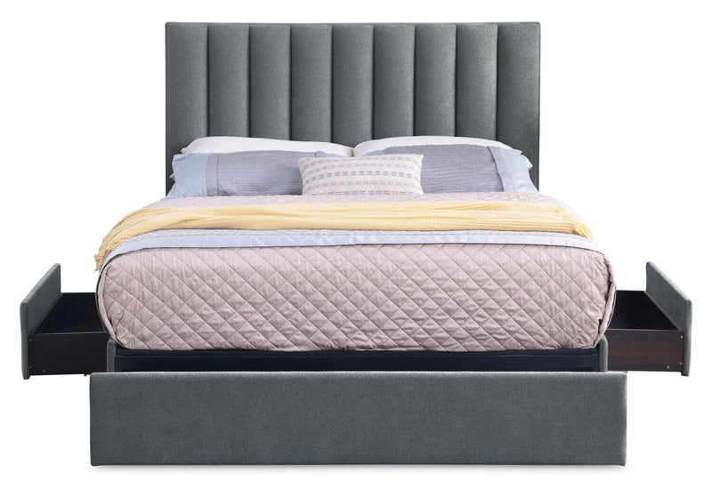 Amos Upholstered Storage Bed Base in Charcoal Fabric with 3 Built-in Drawers  - Queen Size