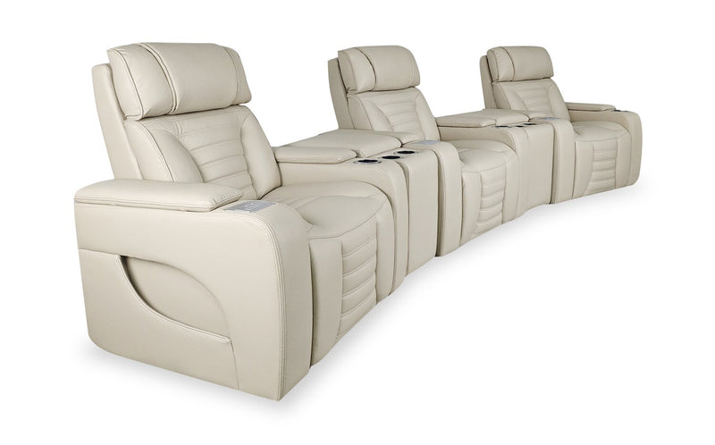 Zen 5-Piece Leather-Look Fabric Home Theatre Power Reclining Sectional with Massage and Two Storage Consoles - Apricot