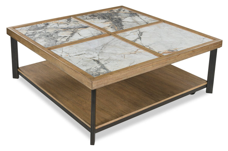 Marina 48” Contemporary Coffee Table with Stone Tiles, Shelf and Casters - Natural