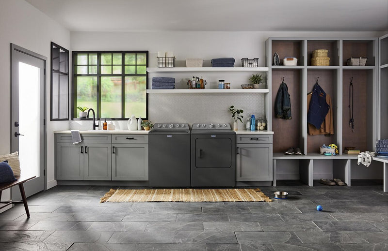 Maytag 5.5 Cu Ft. Top Load Washer with Pet Pro and 7.0 Cu. Ft. Pet Pro Electric Dryer – Volcano Black