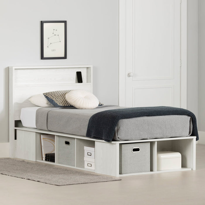 Everley Platform Bed Set with Panel Headboard, Built-in Storage & Baskets, White - Twin Size