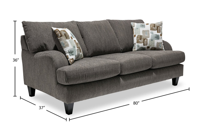 Made in Canada Nofia 80\" Chenille Fabric Sofa with Two Accent Pillows and Wood Legs - Charcoal Grey