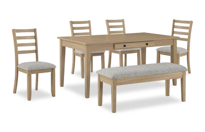 Cove 6pc Dining Table Set with Table, Bench & 4 Chairs, Storage Drawers, Melamine, 66"W - Natural/Grey | Ensemble de salle à manger Cove 6 pièces en mélamine avec table de 66 po (L), tiroirs de rangement, banc et 4 chaises - naturel et gris
