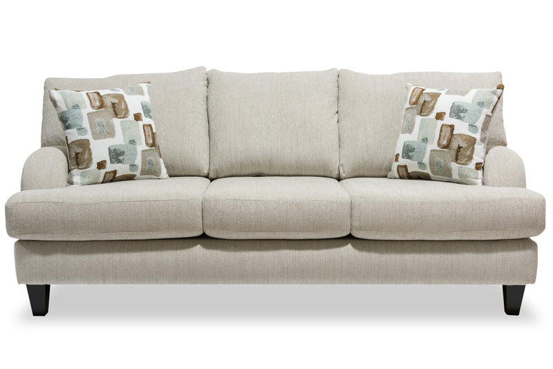 Made in Canada Nofia 80\" Chenille Fabric Sofa with Two Accent Pillows and Wood Legs - Linen Beige