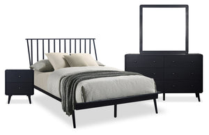 Milan 6pc Bedroom Set with Bed, Dresser, Mirror & Nightstand, Mid-Century Modern, Black - Full Size