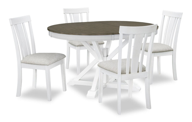 Brook 5pc Dining Set with Table & 4 Chairs, 42-54\"W Extension, Round - White/Brown