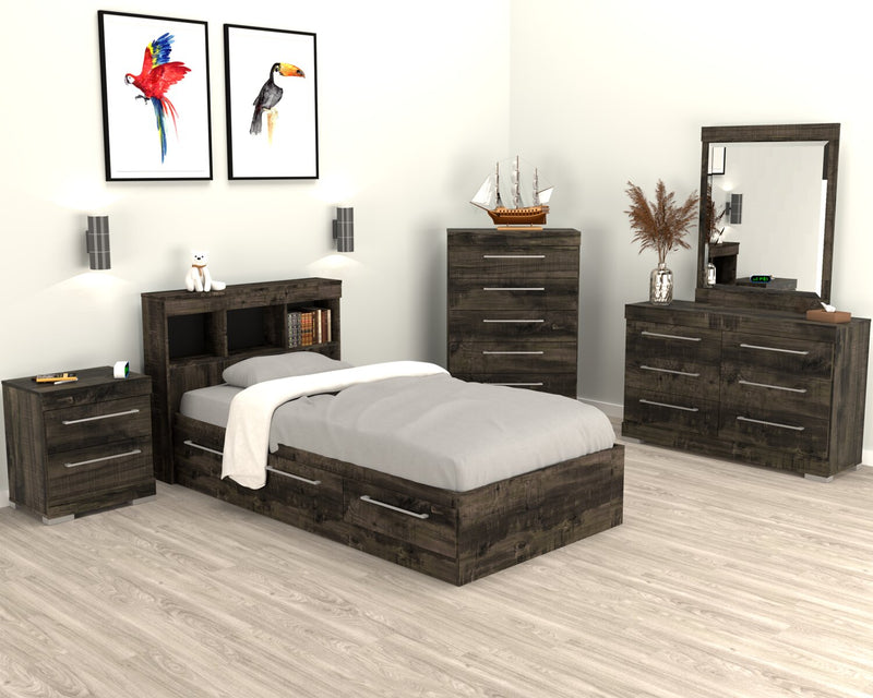 Riley Mates Bed 6pc Set with Bookcase Headboard, Dresser, Mirror & Nightstand, Grey - Twin Size