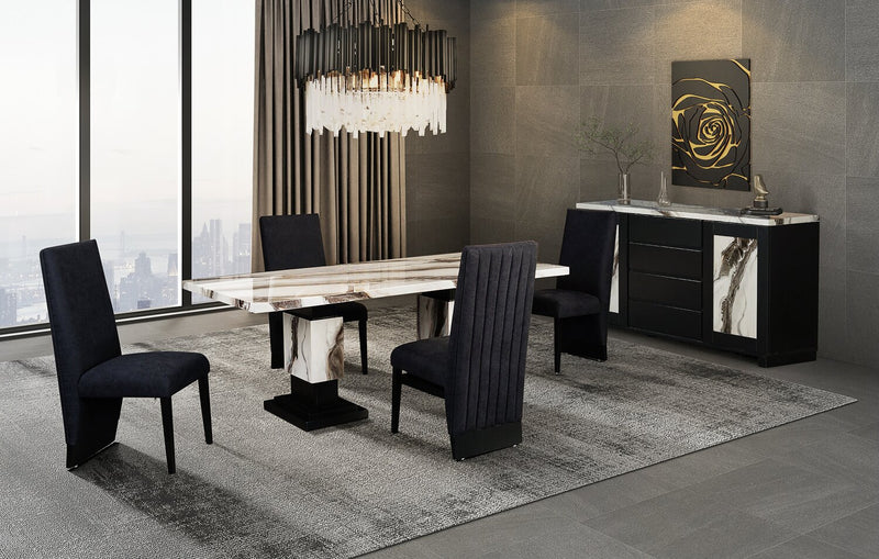 Vega Dining Chair with Polyester Fabric, Wood, Channeled Tufting - Black