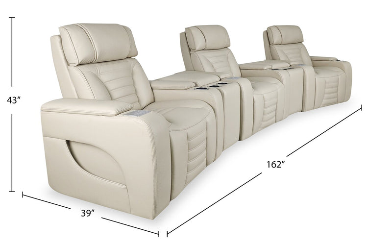 Zen 5-Piece Leather-Look Fabric Home Theatre Power Reclining Sectional with Massage and Two Storage Consoles - Apricot