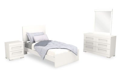 Riley 6pc Bedroom Set with Panel Bed, Dresser, Mirror & Nightstand, Made in Canada, White - Twin Size | Ensemble de chambre à coucher Riley 6 pièces avec lit à panneaux, commode, miroir et table de nuit, fabriqué au Canada, blanc - format lit simple