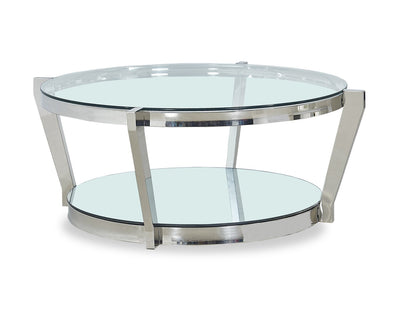 Yonge 36" Modern Round Glass Top Coffee Table with Shelf - Chrome Finish with Stainless Steel | Table à café ronde moderne Yonge de 36 po avec dessus en verre et tablette - fini chromé avec acier inoxydable