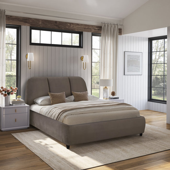 Mave Upholstered Platform Bed in Grey Velvet Fabric - Queen Size