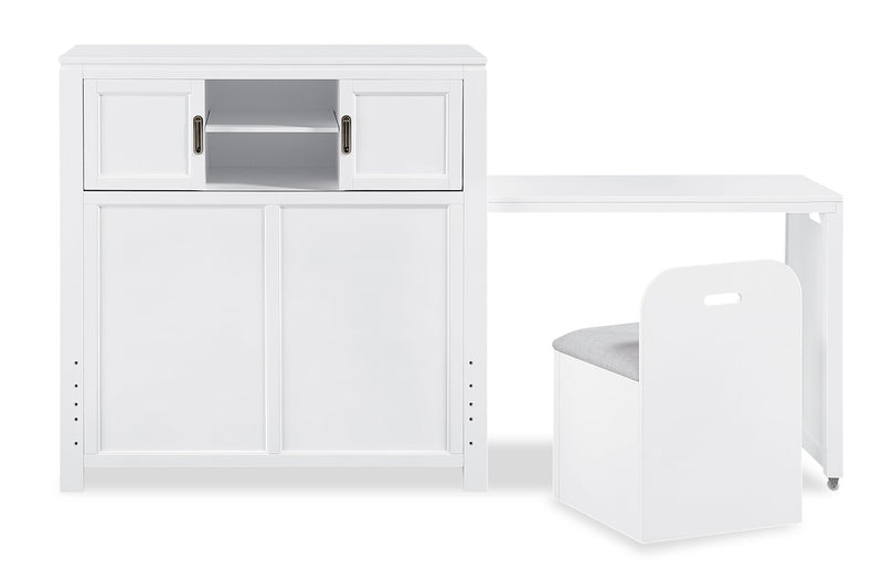 Quinn Platform Bed with Bookcase Headboard, Built-in Desk & Stool, White - Twin Size