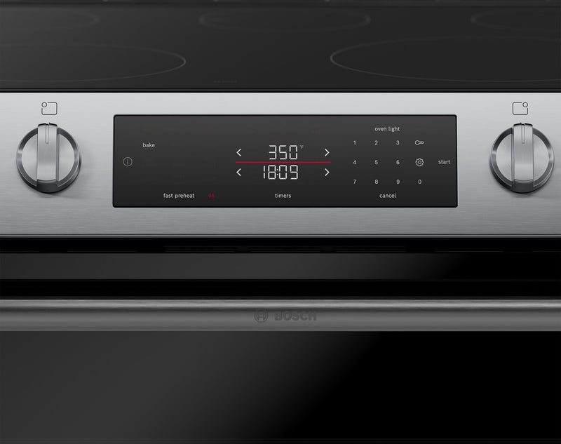 Bosch 30\" 5.8 Cu. Ft. 100 Series Electric Range with Rapid Preheat and Air Fry - Stainless Steel - HEF1050MC