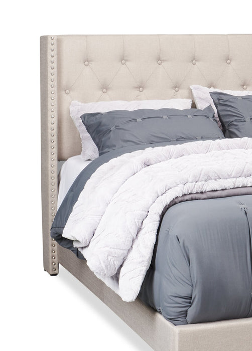 Brady Upholstered Wingback Bed in Light Grey Fabric with Nailhead Design, Button Tufted - King Size