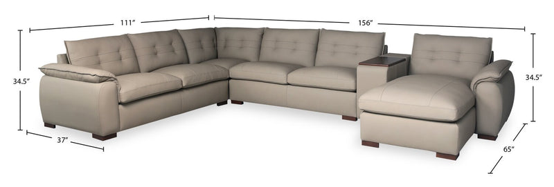 Raya Modular 5-Piece Right-Facing Genuine Leather Sectional with Storage Console and Wood Legs - Stone Beige