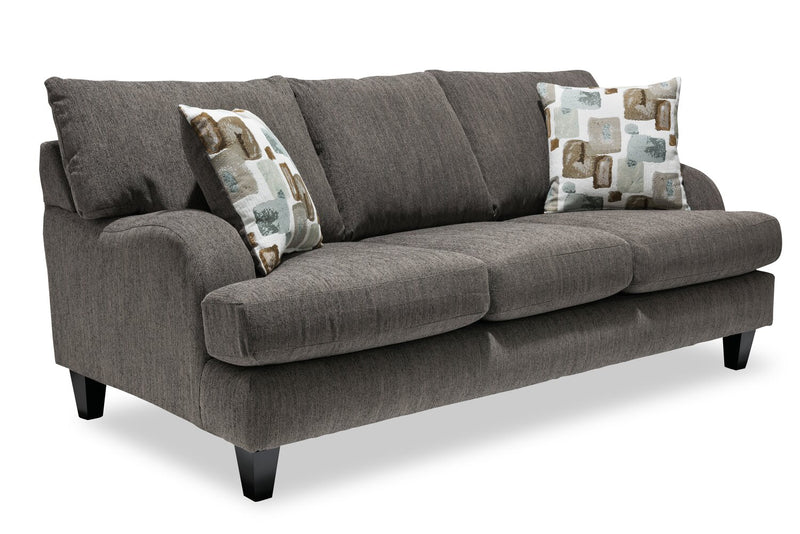 Made in Canada Nofia 80\" Chenille Fabric Sofa with Two Accent Pillows and Wood Legs - Charcoal Grey