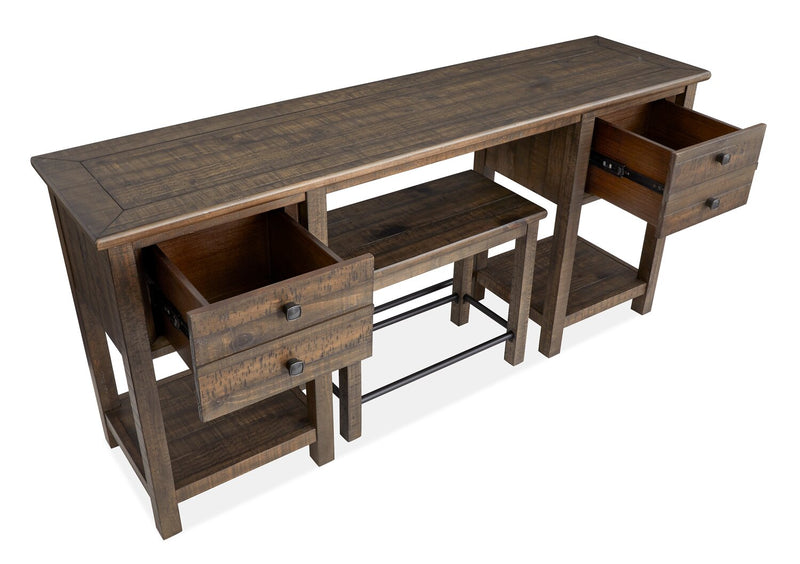 Edwin 64” Country Pine Sofa Table with Storage and Stool - Homestead Brown