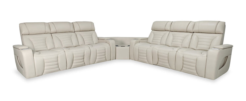 Zen 3-Piece Leather-Look Fabric Power Reclining Sectional with Massage and Two Drop-Down Consoles - Apricot