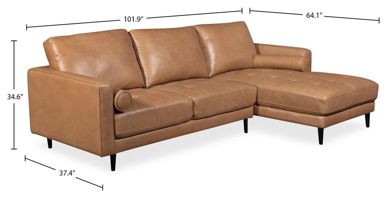 Edge 2-Piece Right-Facing Genuine Leather Sectional with Wood Legs and Removable Back Cushions - Brown