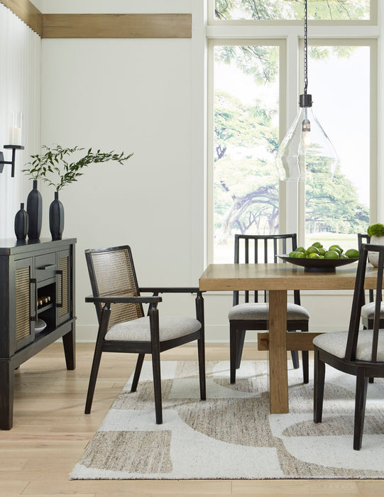 Shaw Dining Arm Chair with Polyester Fabric, Cane-Look Woven Back - Black