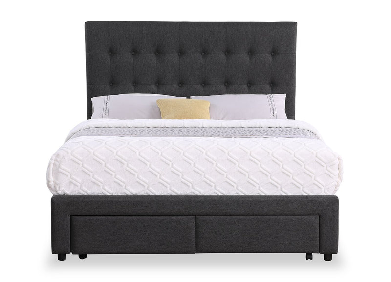 Beck Upholstered Storage Bed in Dark Grey Fabric, Button Tufted - Queen Size