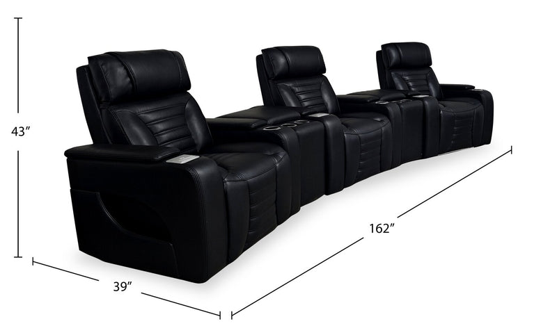 Zen 5-Piece Leather-Look Fabric Home Theatre Power Reclining Sectional with Massage and Two Storage Consoles - Black