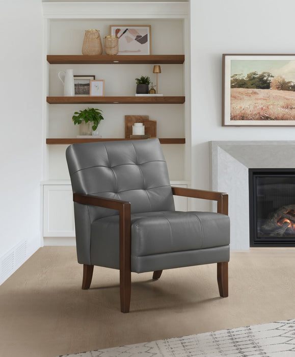 Enzo 26\" Genuine Leather Accent Chair with Biscuit Tufting, Track Arms and Wood Legs - Dark Grey