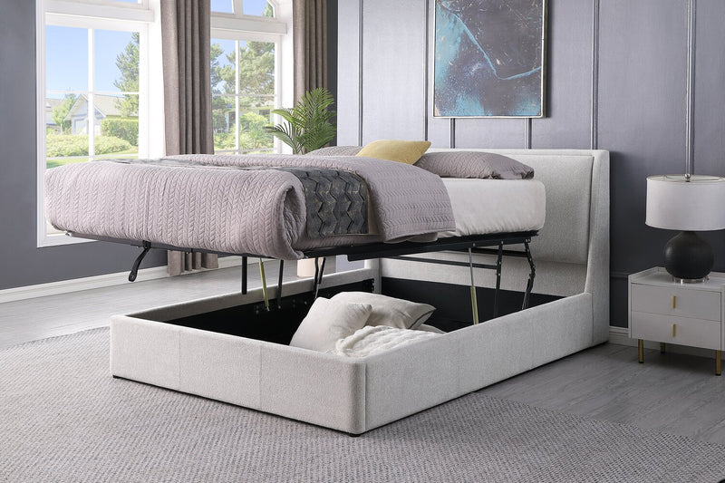 Nico Upholstered Storage Platform Bed in Polyester Taupe Fabric, Hyrdraulic Lift  - King Size