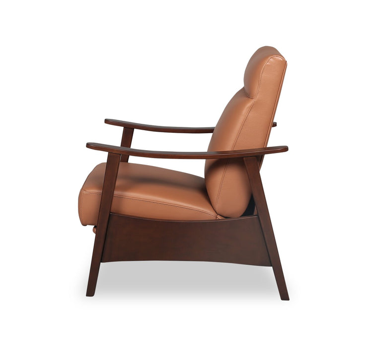 Aydin 27.5\" Genuine Leather Pushback Reclining Accent Chair with Wood Armrests and Legs - Camel Orange