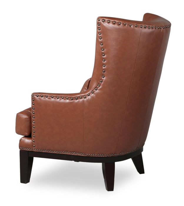 Haden 30\" Genuine Leather Accent Chair with Wood Base and Nailhead Trim - Sidekick Cobblestone Brown