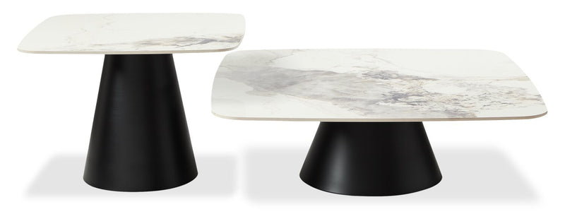 Hazel 39.5” Modern 2-Pack White Sintered Stone Top Coffee + End Table - Black and White
