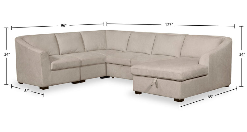Envy 5-Piece Right-Facing Chenille Fabric Sleeper Sectional with Storage Chaise - Almond Beige