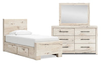 Derekson 5pc Bedroom Set with Side Storage Bed, Dresser & Mirror, Rustic White - Twin Size 