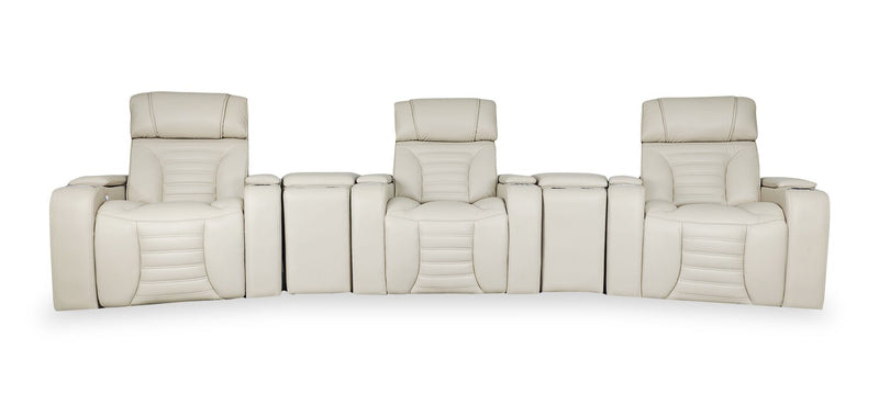 Zen 5-Piece Leather-Look Fabric Home Theatre Power Reclining Sectional with Massage and Two Storage Consoles - Apricot