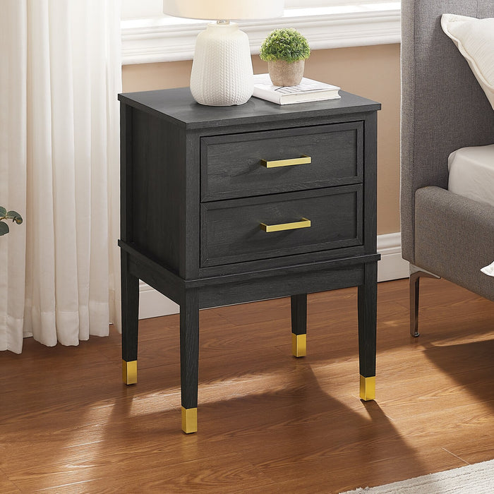 Alia Bedside 2-Drawer Nightstand with Gold Accent, 18\"W x 25.75\"H - Black