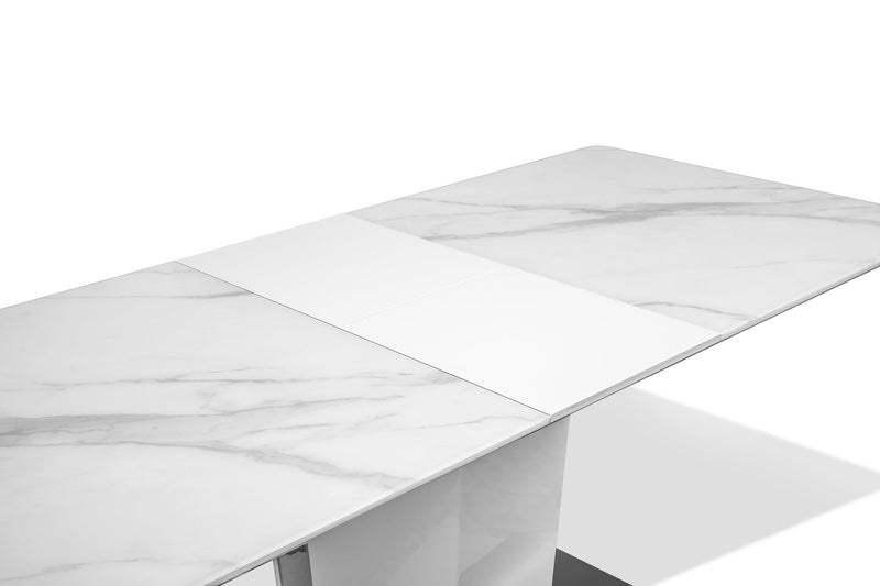 Naya Dining Table, 63-78.75\"W Self-Storing Butterfly Leaf, Metal, Glass, Faux Marble – White