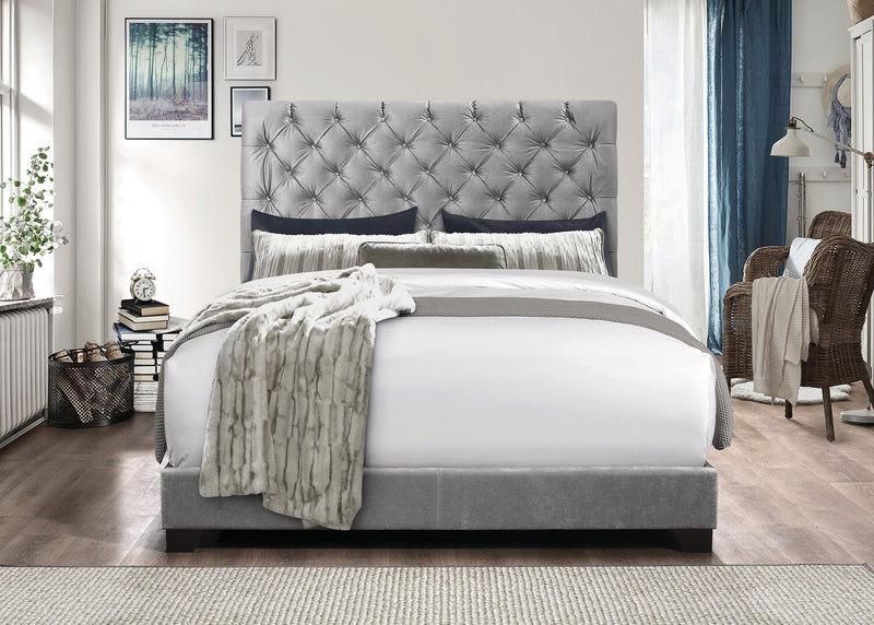Candace Upholstered Bed in Velvet Grey Fabric, Button Tufted - Full Size